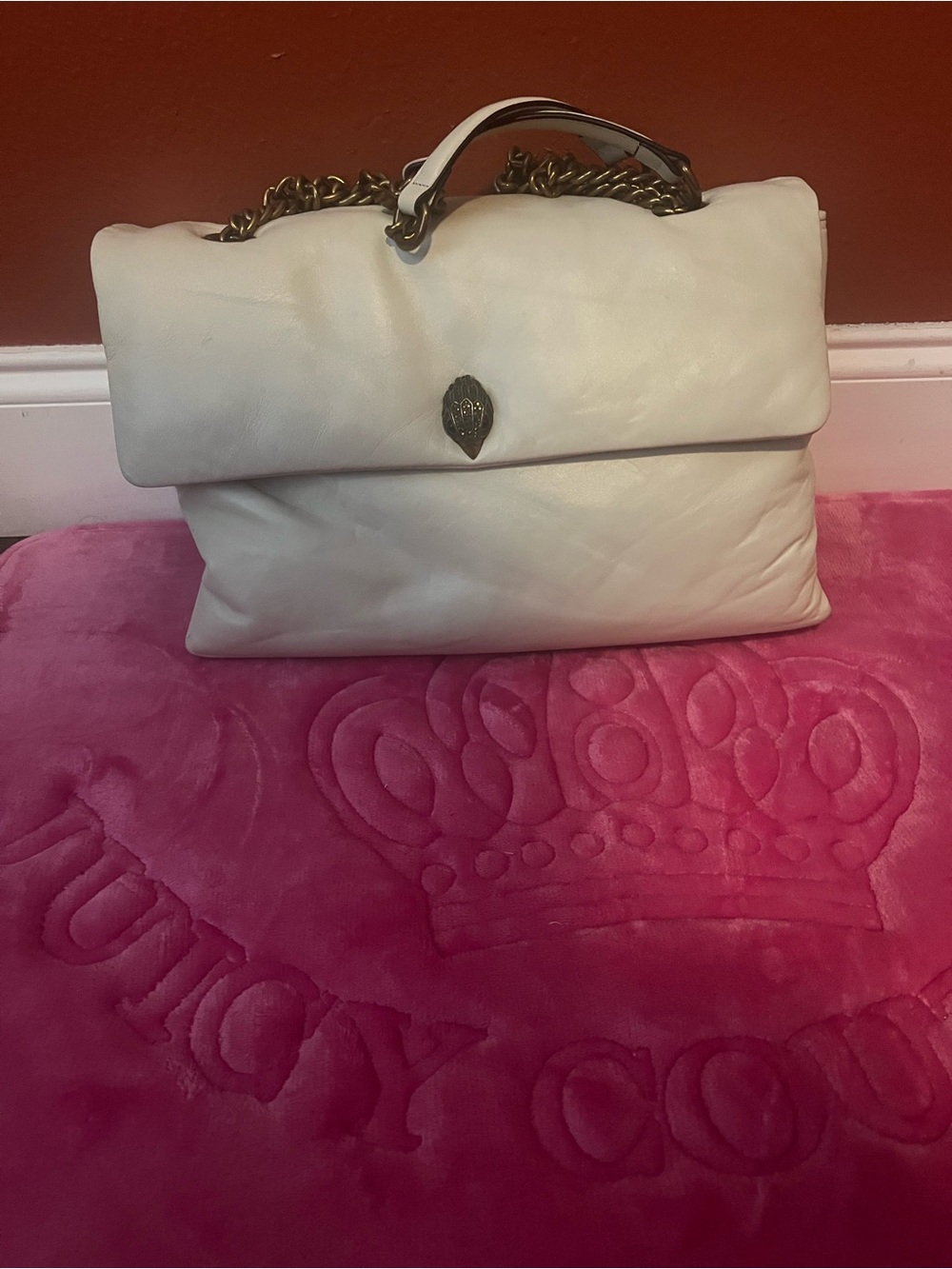 Oversized Kurt Geiger Cream Fold-Over Leather Shoulder Bag with Chain Handle